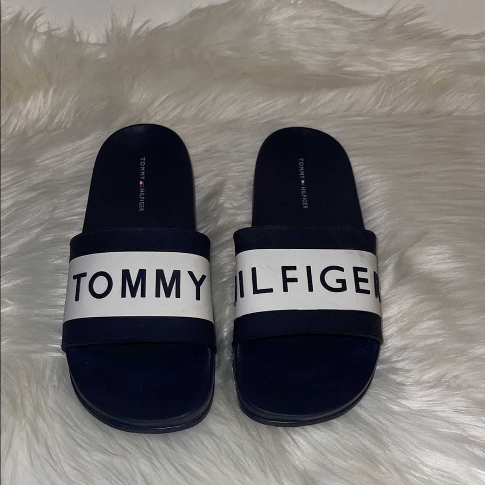 Tommy Hilfiger Dark Blue and White Slides